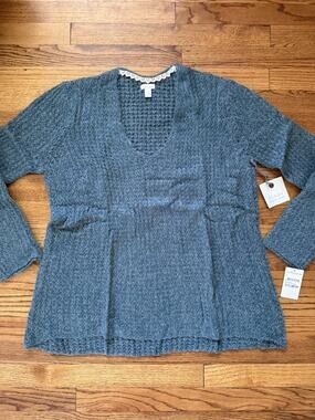 NWT Hinge Nordstrom Open Knit V-Neck Sweater Lace Trim Slate Blue (Size L)